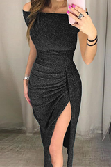 Elegant Solid Slit Sequined Off the Shoulder Wrapped Dresses(3 colors) Ins Street