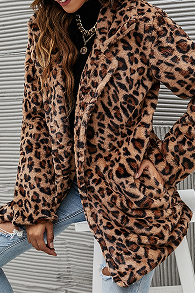 Casual Leopard Split Joint Pocket Turndown Collar Outerwear Florcoo