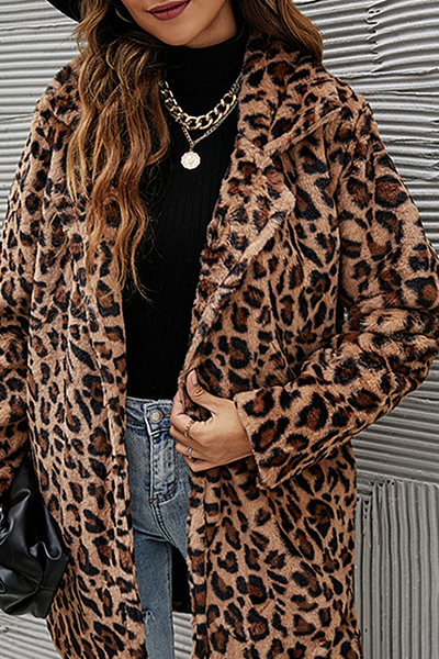 Casual Leopard Split Joint Pocket Turndown Collar Outerwear Florcoo