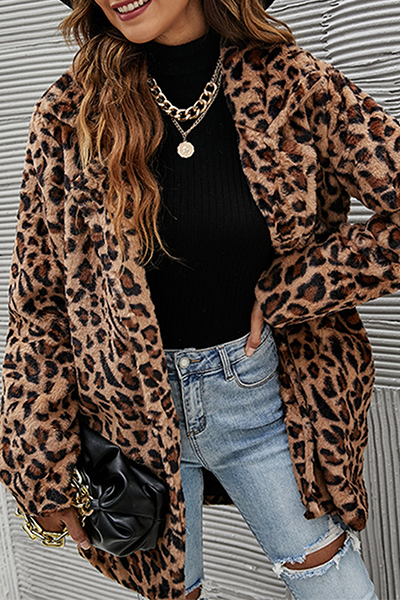 Casual Leopard Split Joint Pocket Turndown Collar Outerwear Florcoo