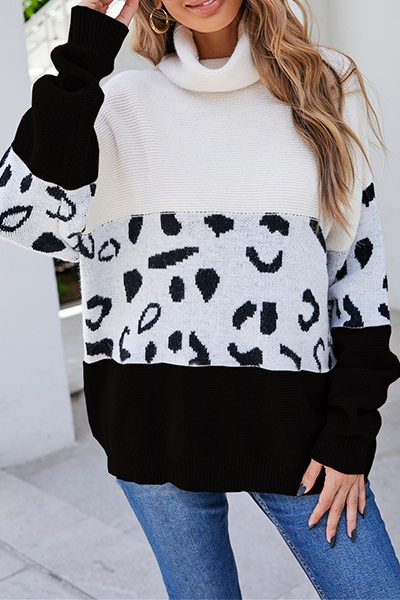 Casual Leopard Split Joint  Contrast Turtleneck Tops Florcoo