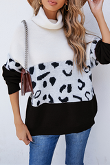 Casual Leopard Split Joint  Contrast Turtleneck Tops Florcoo