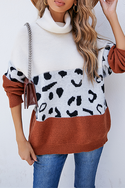 Casual Leopard Split Joint  Contrast Turtleneck Tops Florcoo