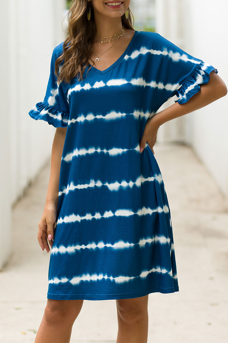 Print Split Joint V Neck Straight Dresses Ins Street