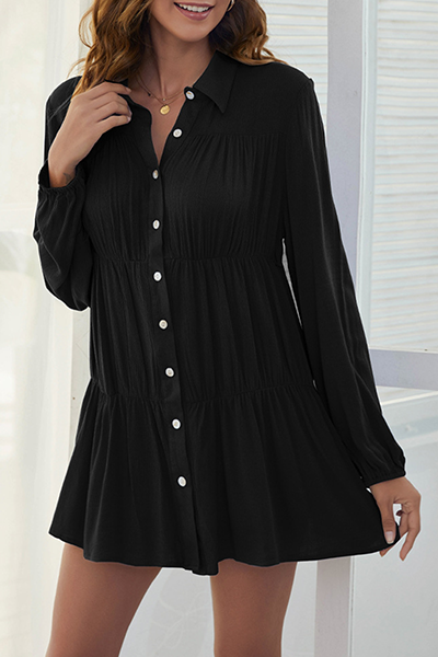 Solid Buckle Fold Turndown Collar Shirt Dresses Ins Street