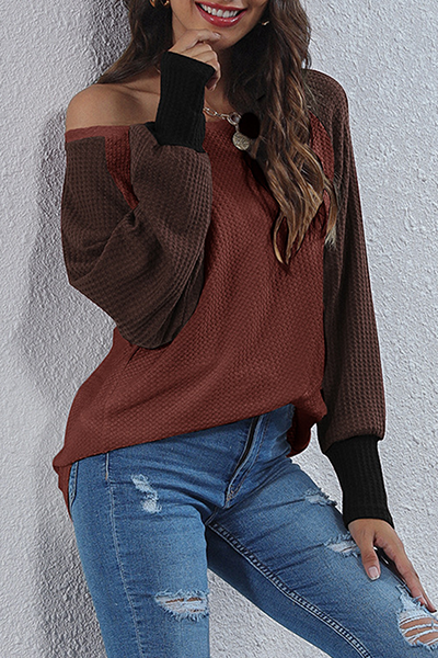 Casual Patchwork  Contrast O Neck Tops Florcoo