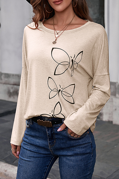 Casual Butterfly Print Split Joint Basic O Neck Tops Florcoo