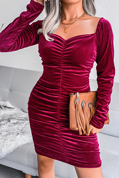 Elegant Solid Split Joint Fold Square Collar Pencil Skirt Dresses Ins Street