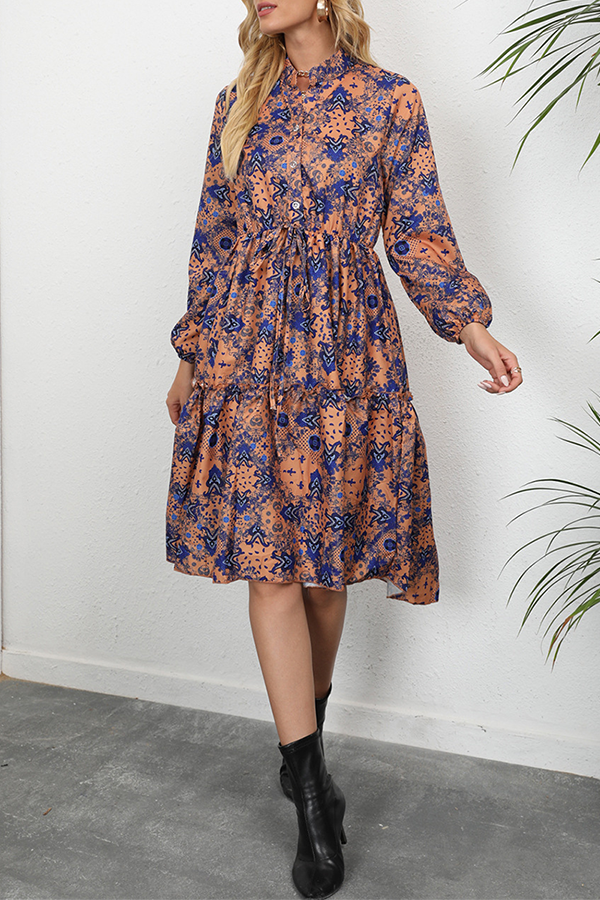 Print Buckle Stringy Selvedge Mandarin Collar A Line Dresses Ins Street