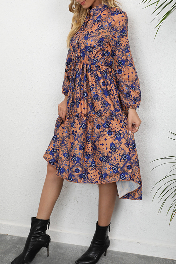 Print Buckle Stringy Selvedge Mandarin Collar A Line Dresses Ins Street