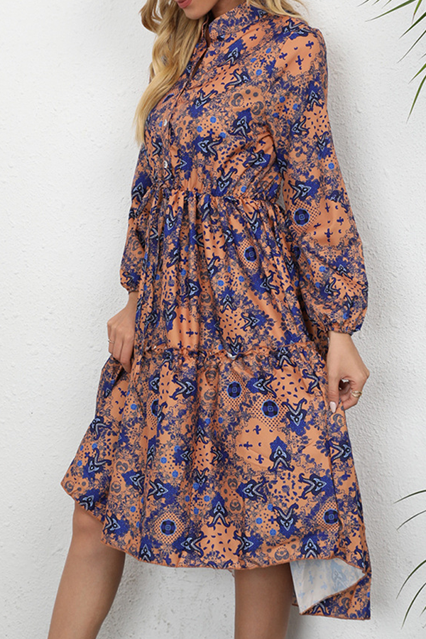 Print Buckle Stringy Selvedge Mandarin Collar A Line Dresses Ins Street