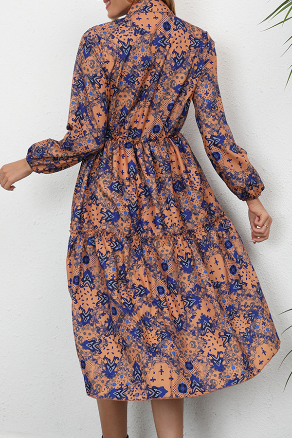 Print Buckle Stringy Selvedge Mandarin Collar A Line Dresses Ins Street