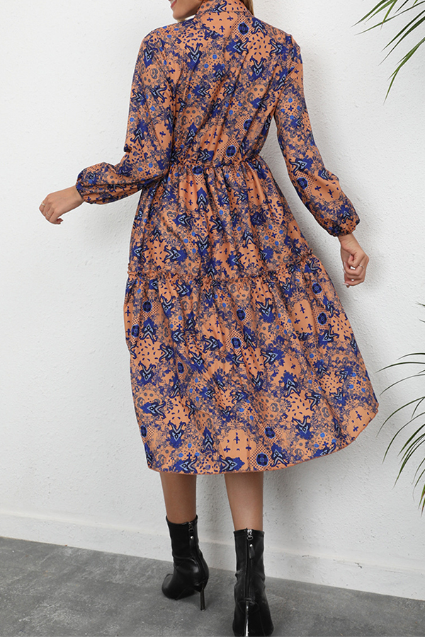 Print Buckle Stringy Selvedge Mandarin Collar A Line Dresses Ins Street