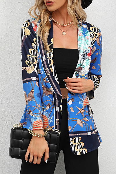 Print Split Joint Buttons Turndown Collar Outerwear Ins Street