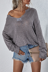 Solid Split Joint Slit V Neck Tops Sweater Ins Street