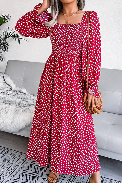 Print Flounce Fold Square Collar Dresses Ins Street