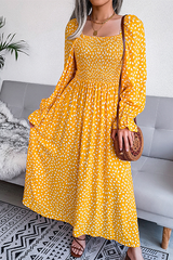 Print Flounce Fold Square Collar Dresses Ins Street