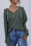 Solid Draw String Buttons Hooded Collar Tops Ins Street