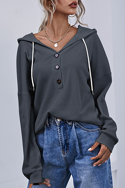 Solid Draw String Buttons Hooded Collar Tops Ins Street