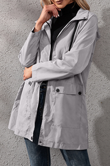 Solid Pocket Buckle Zipper Hooded Collar Outerwear Ins Street