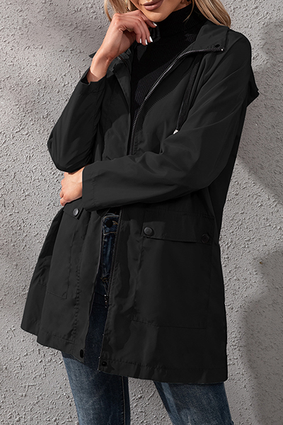 Solid Pocket Buckle Zipper Hooded Collar Outerwear Ins Street