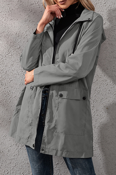 Solid Pocket Buckle Zipper Hooded Collar Outerwear Ins Street