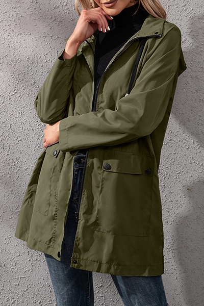 Solid Pocket Buckle Zipper Hooded Collar Outerwear Ins Street