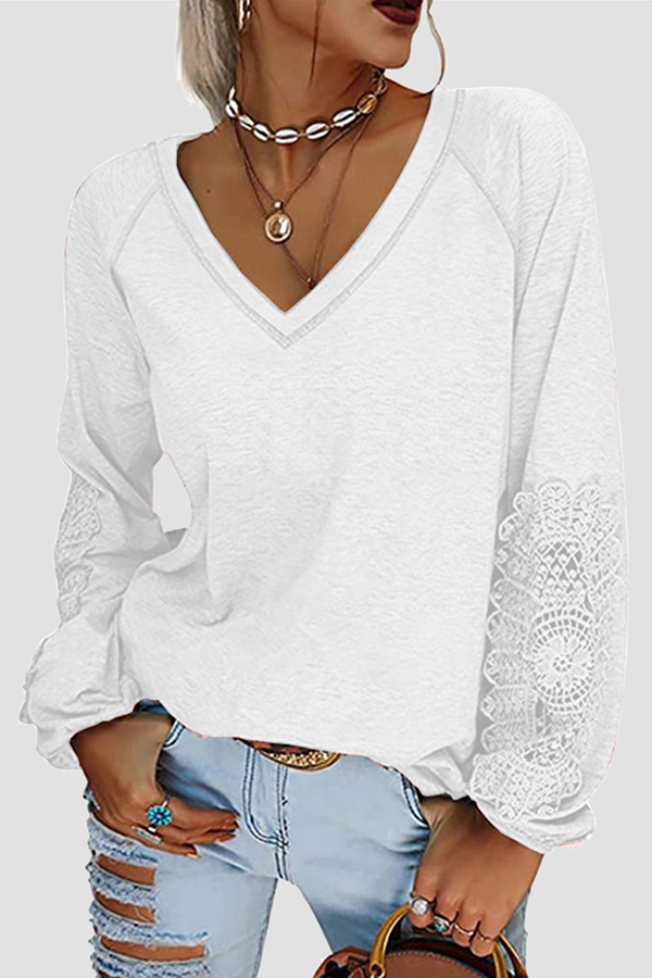 Solid Lace Split Joint V Neck T-Shirts Ins Street