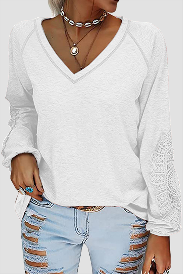 Solid Lace Split Joint V Neck T-Shirts Ins Street