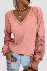 Solid Lace Split Joint V Neck T-Shirts Ins Street