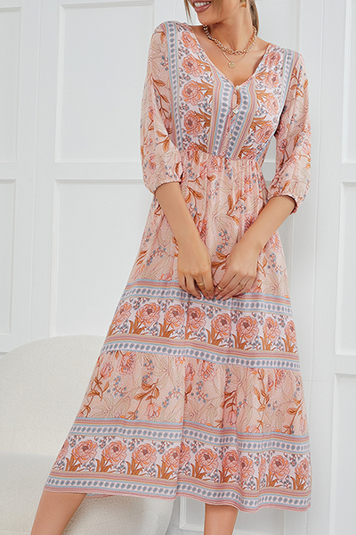 Bohemian Floral Buckle V Neck A Line Dresses Florcoo