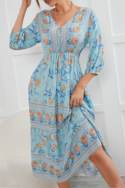 Bohemian Floral Buckle V Neck A Line Dresses Florcoo