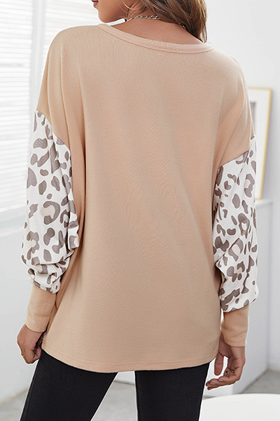 Casual Leopard Split Joint O Neck Tops Florcoo