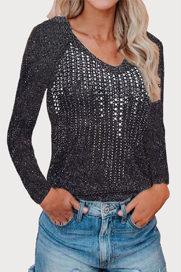 Casual Hot Drilling Split Joint Sequined O Neck Tops Florcoo