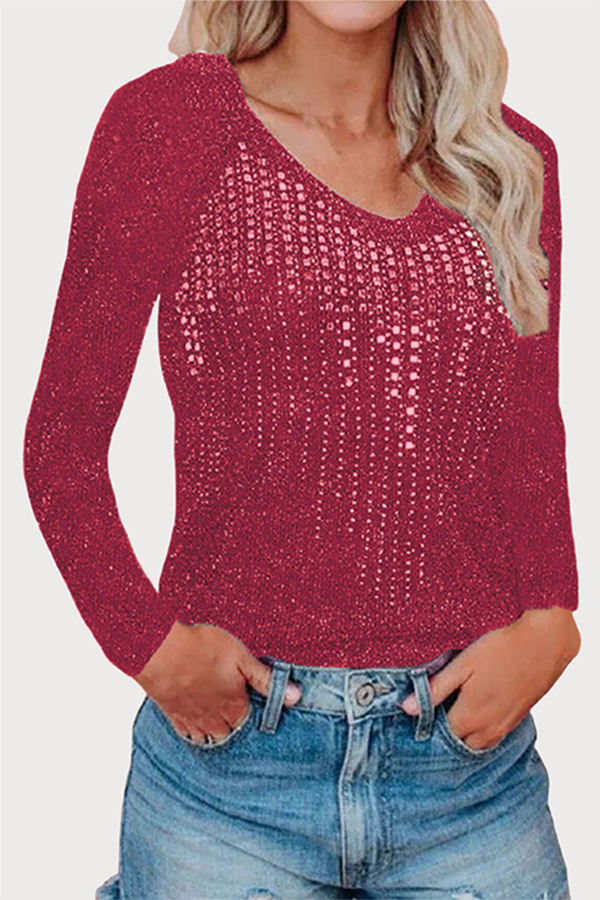 Casual Hot Drilling Split Joint Sequined O Neck Tops Florcoo