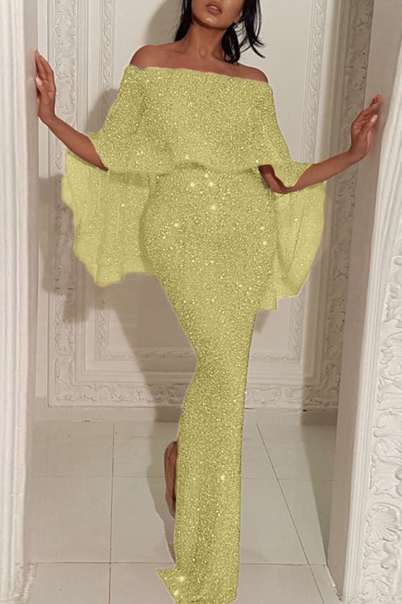 Sexy Solid Split Joint Slit Off the Shoulder Evening Dress Ins Street
