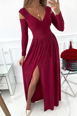 Casual Elegant Solid Hollowed Out Slit V Neck Waist Skirt Dresses Florcoo