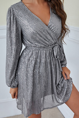 Solid With Belt  Sequins V Neck A Line Dresses Ins Street