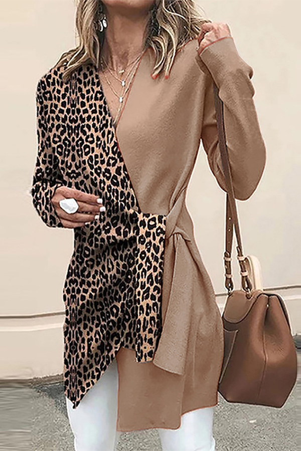 Casual Elegant Leopard Split Joint Strap Design V Neck Outerwear Florcoo