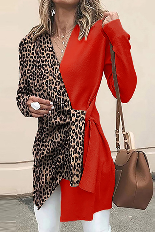 Casual Elegant Leopard Split Joint Strap Design V Neck Outerwear Florcoo