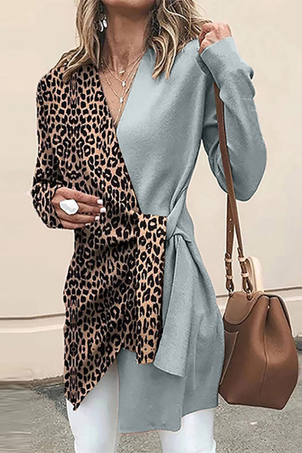 Casual Elegant Leopard Split Joint Strap Design V Neck Outerwear Florcoo