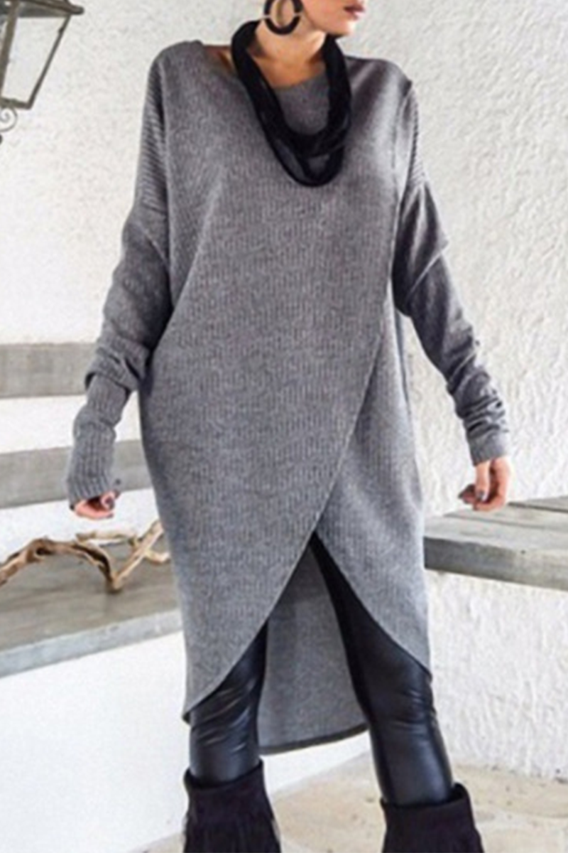 Solid Split Joint Asymmetrical O Neck A Line Dresses Ins Street