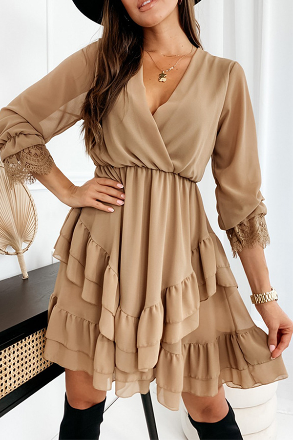 Elegant Solid Lace Flounce V Neck A Line Dresses Ins Street