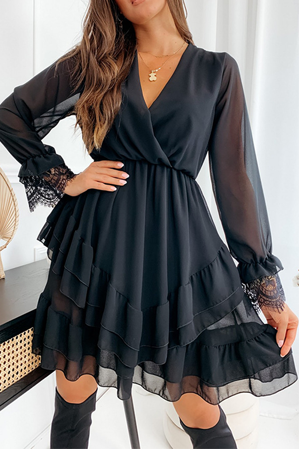 Elegant Solid Lace Flounce V Neck A Line Dresses Ins Street