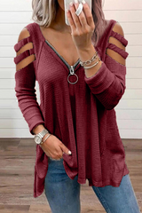 Solid Hollowed Out Zipper V Neck Tops Ins Street