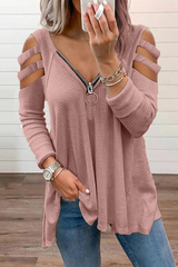 Solid Hollowed Out Zipper V Neck Tops Ins Street