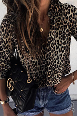 Leopard Split Joint Buckle Turndown Collar Tops(4 colors) Ins Street