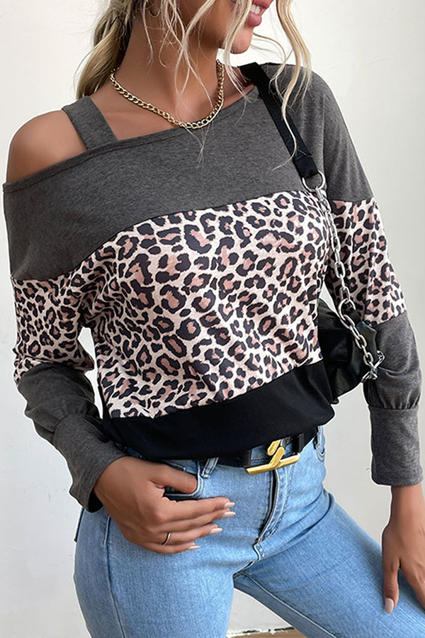 Casual Leopard Hollowed Out Split Joint Oblique Collar Tops Florcoo