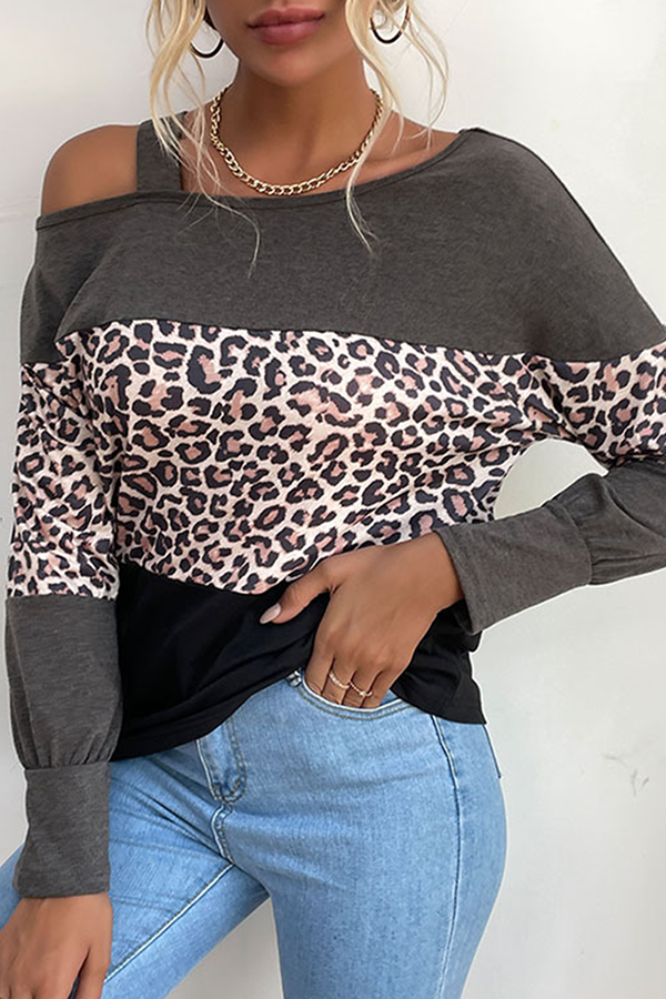 Casual Leopard Hollowed Out Split Joint Oblique Collar Tops Florcoo