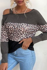 Casual Leopard Hollowed Out Split Joint Oblique Collar Tops Florcoo